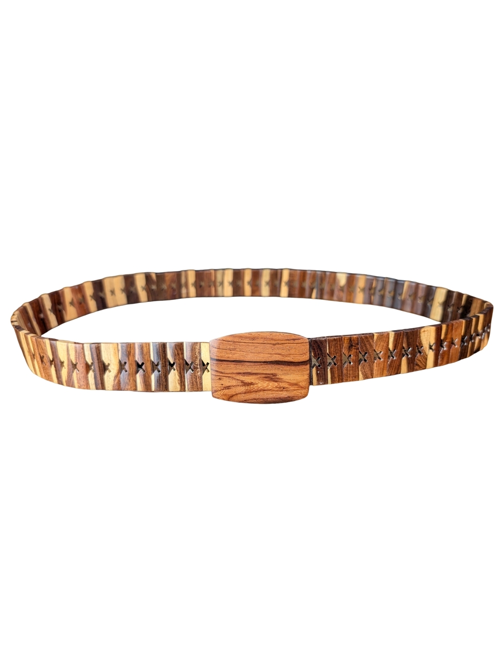 Adjustable Wooden Statement Belt Carved Teak Striped Boho Waist Belt